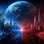 Concept illustration of the US-China technology rivalry featuring AI, 5G, and global digital competition