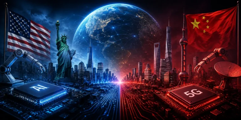 Concept illustration of the US-China technology rivalry featuring AI, 5G, and global digital competition