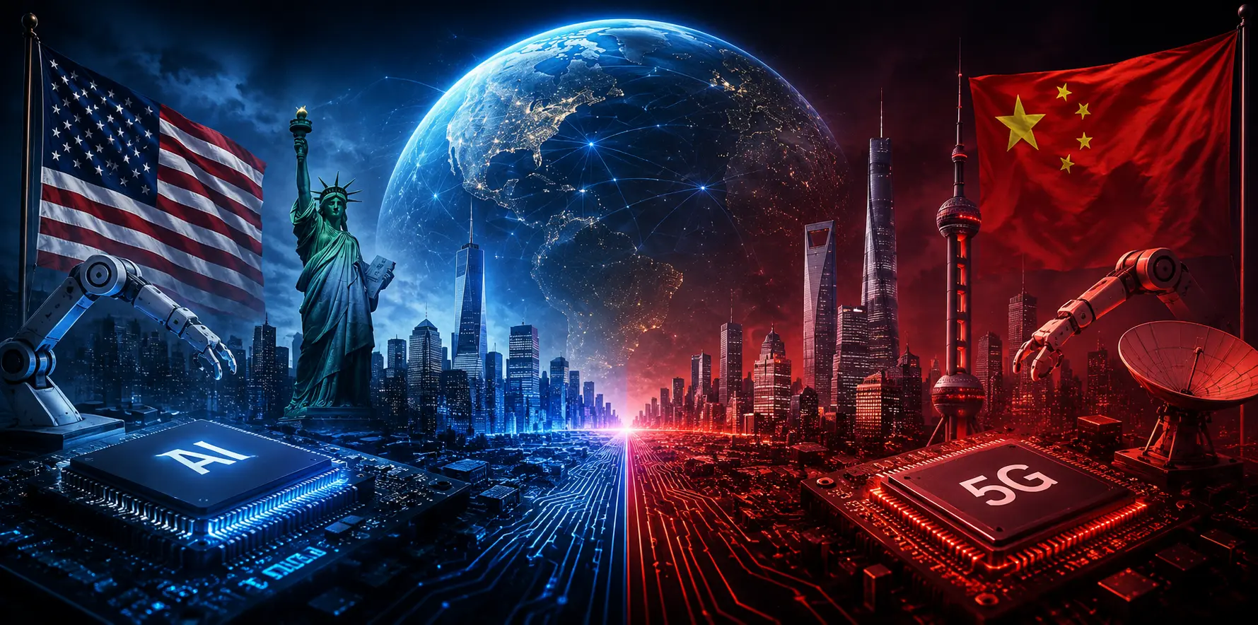 Concept illustration of the US-China technology rivalry featuring AI, 5G, and global digital competition