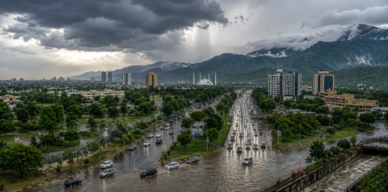 Dark monsoon clouds gather over a Pakistani city as heavy rainfall raises the risk of urban flooding.