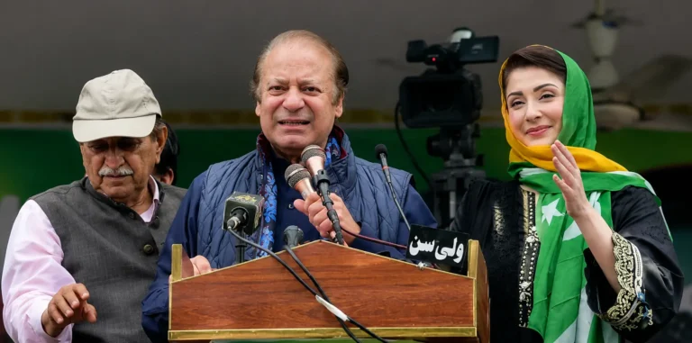 Former Prime Minister Nawaz Sharif and Punjab Chief Minister Maryam Nawaz address a public gathering.