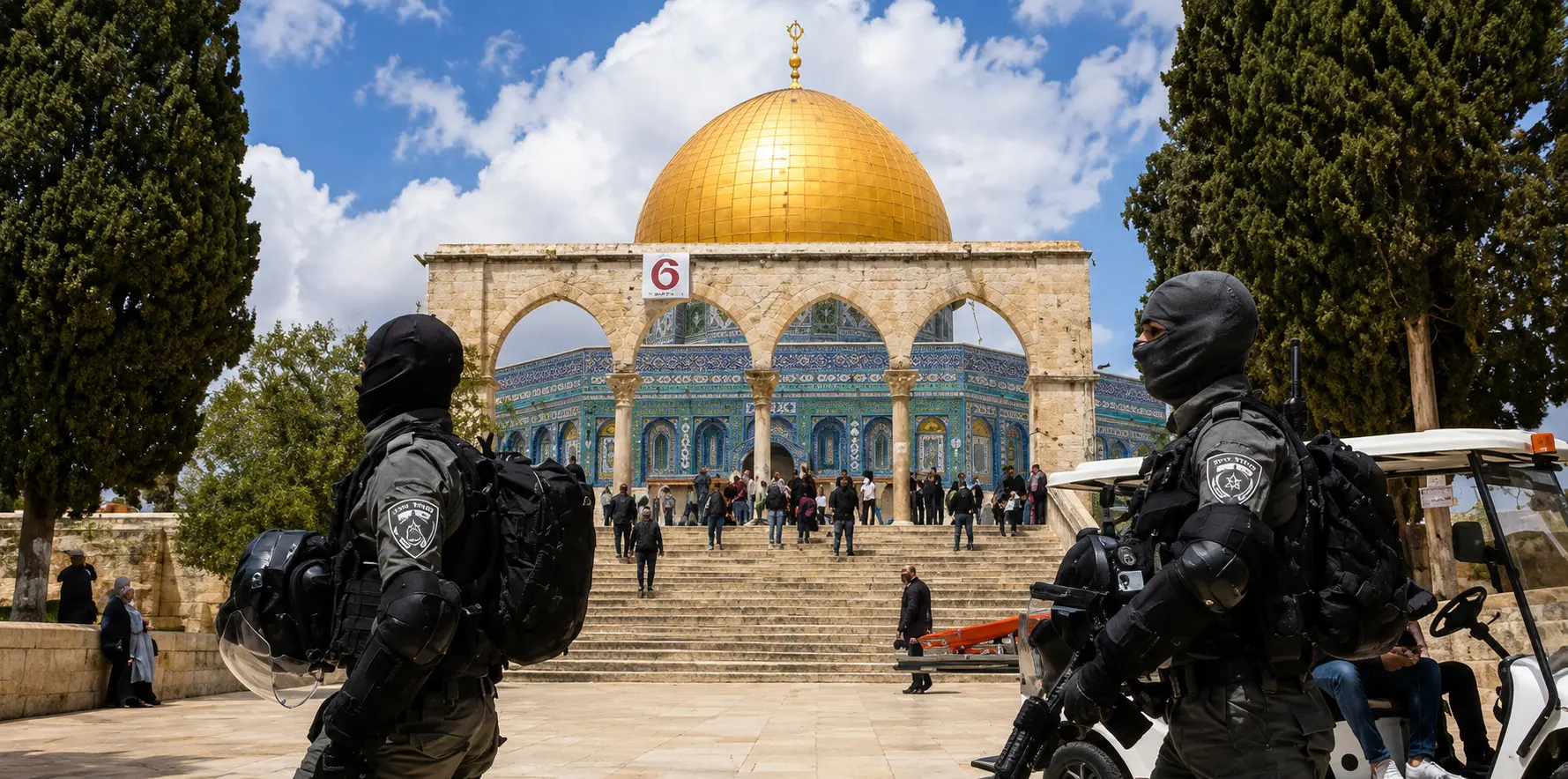 Security personnel stand guard near the Al-Aqsa Mosque compound in Jerusalem.