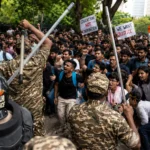 Indian students clash with security personnel during ongoing protests in New Delhi.