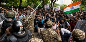 Indian students clash with security personnel during ongoing protests in New Delhi.