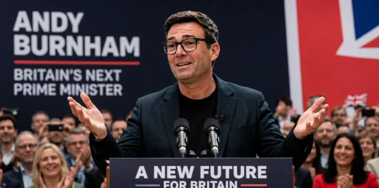 Andy Burnham delivers a speech after becoming Britain's next Prime Minister.