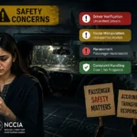 Woman using the inDrive app alongside visuals highlighting passenger safety concerns in Pakistan.