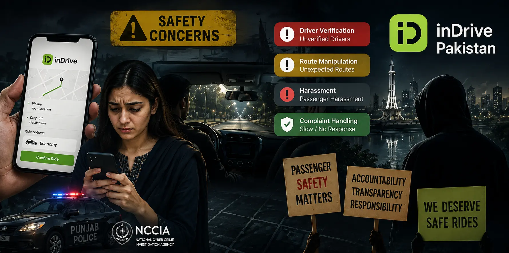 Woman using the inDrive app alongside visuals highlighting passenger safety concerns in Pakistan.