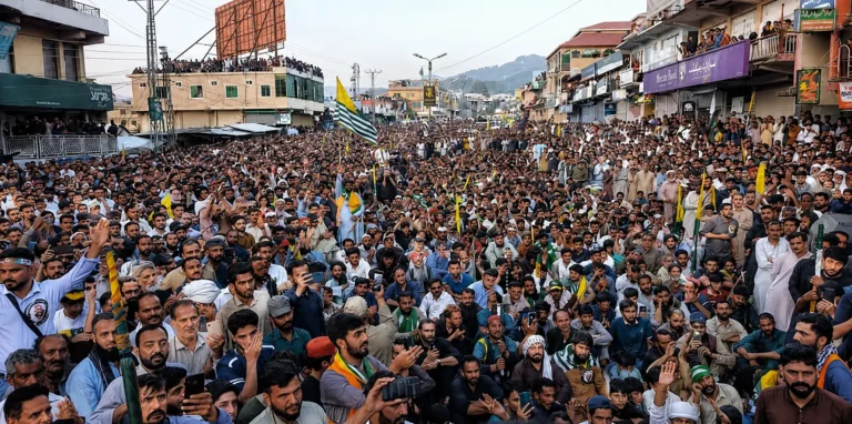 Large public gathering in Rawalakot during unrest in Azad Jammu and Kashmir.