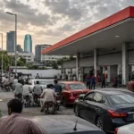 Vehicles queue at a petrol station ahead of nationwide fuel dealers' strike over the proposed daily fuel pricing plan in Pakistan.