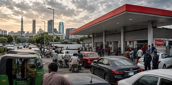 Vehicles queue at a petrol station ahead of nationwide fuel dealers' strike over the proposed daily fuel pricing plan in Pakistan.