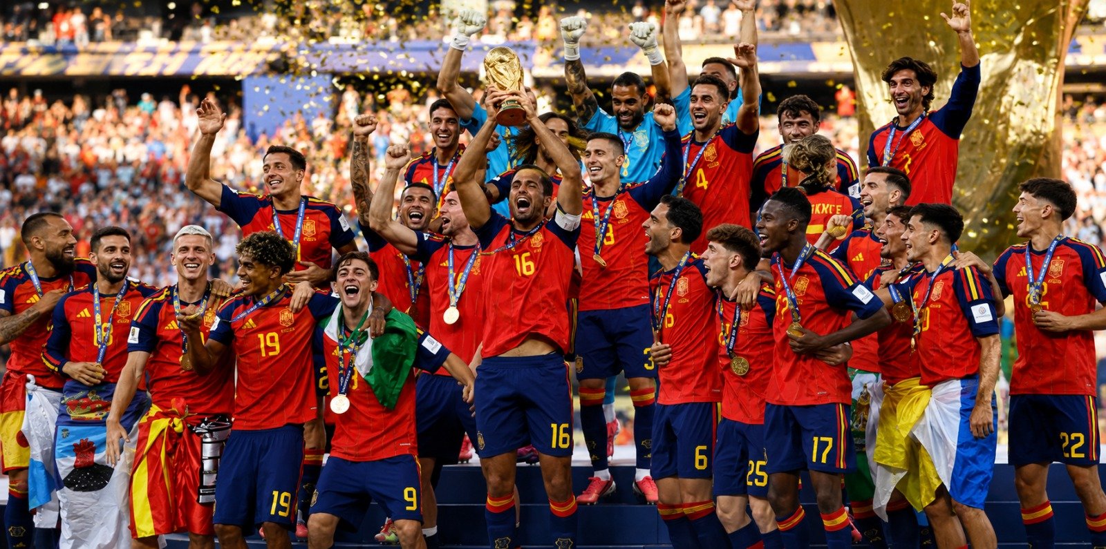 Spain national football team celebrates FIFA World Cup victory with the championship trophy