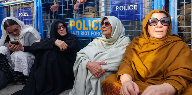 Imran Khan’s sisters and lawyers wait outside Adiala Jail after being denied permission to meet the former prime minister.